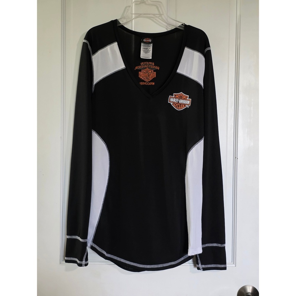 Harley-Davidson Women Black White Long Sleeve V-Neck Performance Shirt Large